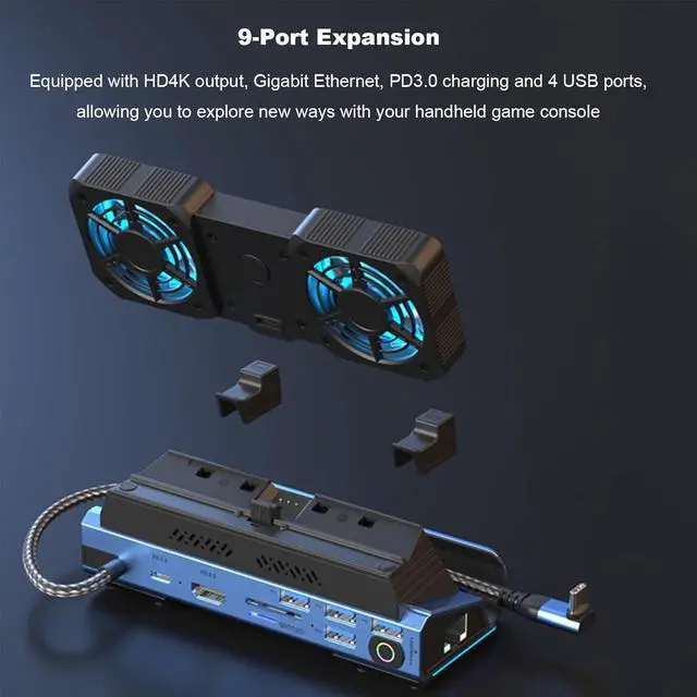 Alt view image 3 of 7 - 9 in 1 Portable Game Console Dock, 4K/60Hz, 100W PD, Dual Fans, Aluminum Alloy Stand Base, Multiple Gaming Consoles, TypeC Hub Docking Station