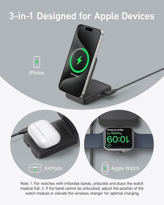 Alt view image 5 of 7 - Anker MagGo 3-in-1 iPhone 16 Charging Station, MagSafe-Compatible Wireless Charger Stand, Qi2 Certified 15W Foldable Charger for iPhone 15/14, AirPods, Apple Watch 9 (40W USB-C Charger Included)