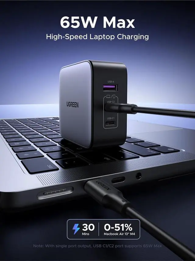 Alt view image 3 of 7 - UGREEN 65W USB C Travel Adapter, Foladable Fast GaN Charger with US/UK/EU 3 Plugs, 3-Port International Power Adapter for MacBook Air/Pro, Dell XPS, iPhone 16/15, iPad, Galaxy S25, Steam Deck