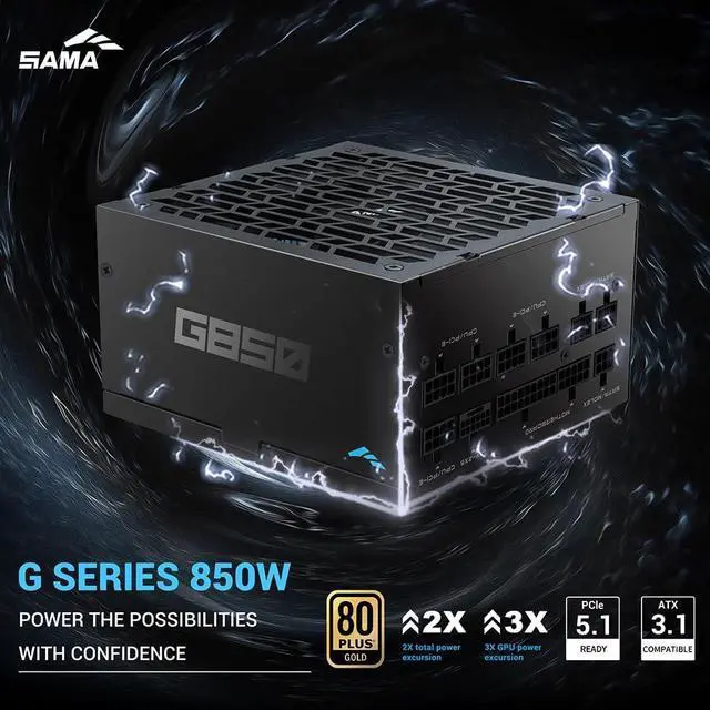 Alt view image 2 of 7 - G850 850W Full Modular Power Supply  80 Plus Gold Certified | ATX 3.1 & PCIe 5.1 Ready | 12V-2x6 GPU Power, Fanless ECO Mode, Fully Modular, Japanese Capacitors  Compact PSU  Black