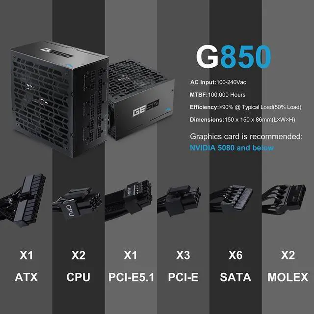 Alt view image 6 of 7 - G850 850W Full Modular Power Supply  80 Plus Gold Certified | ATX 3.1 & PCIe 5.1 Ready | 12V-2x6 GPU Power, Fanless ECO Mode, Fully Modular, Japanese Capacitors  Compact PSU  Black
