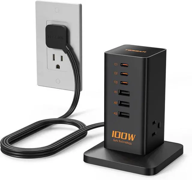 Main image of Charging Station PD 100W 9-in-1 USB C Power Strip for iPhone 16/15 MacBook Tablet Desktop Phone Fast Charger with 3 AC 3 USB-A Ports Home Drom Office Accessories