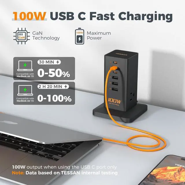 Alt view image 4 of 6 - Charging Station PD 100W 9-in-1 USB C Power Strip for iPhone 16/15 MacBook Tablet Desktop Phone Fast Charger with 3 AC 3 USB-A Ports Home Drom Office Accessories