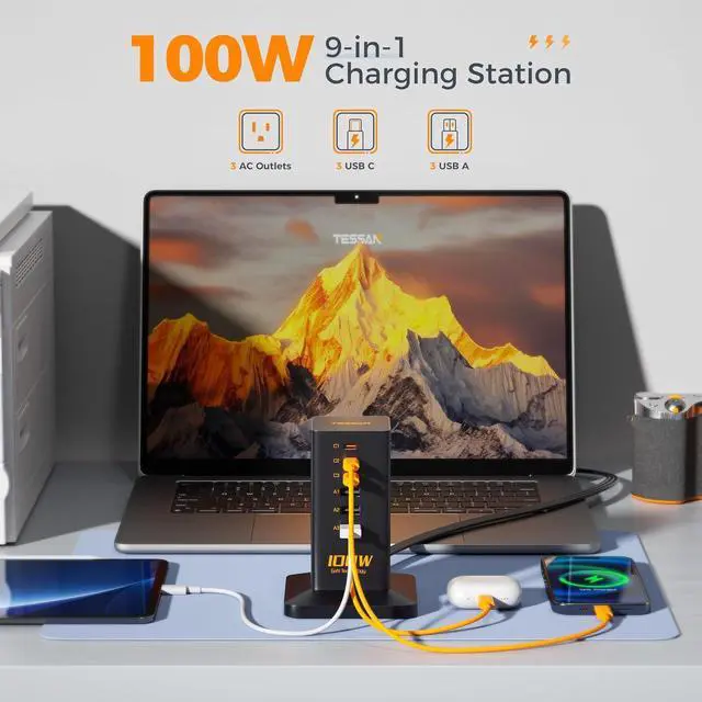 Alt view image 3 of 6 - Charging Station PD 100W 9-in-1 USB C Power Strip for iPhone 16/15 MacBook Tablet Desktop Phone Fast Charger with 3 AC 3 USB-A Ports Home Drom Office Accessories