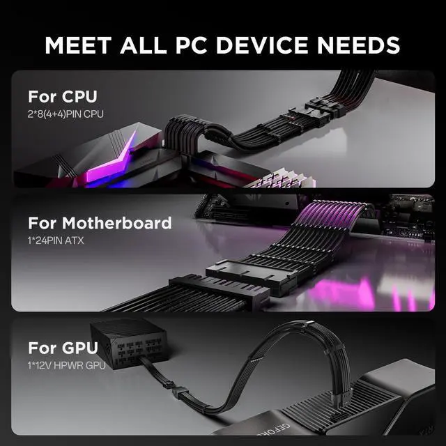 Alt view image 6 of 7 - AsiaHorse 12VHPWR PSU Extension Cable Kit for RTX 50/40 Series, 16AWG Pcie 5.0 Cable Extension Kit Soft Braided 16PIN to 16PIN Cable Kit, 24pin ATX /4+4pin EPS /12+4pin 30CM