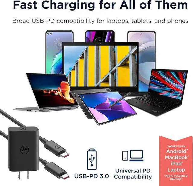 Alt view image 5 of 7 - TurboPower 68W USB-C Wall Charger + 3.3ft 6.5 Amp E-Marked Cable GaN Tech Fastest for Moto G Stylus (2025) Edge+ (Plus) 2022/2023 Edge 2023/2024 Razr+ (Plus) 2024 PD Devices