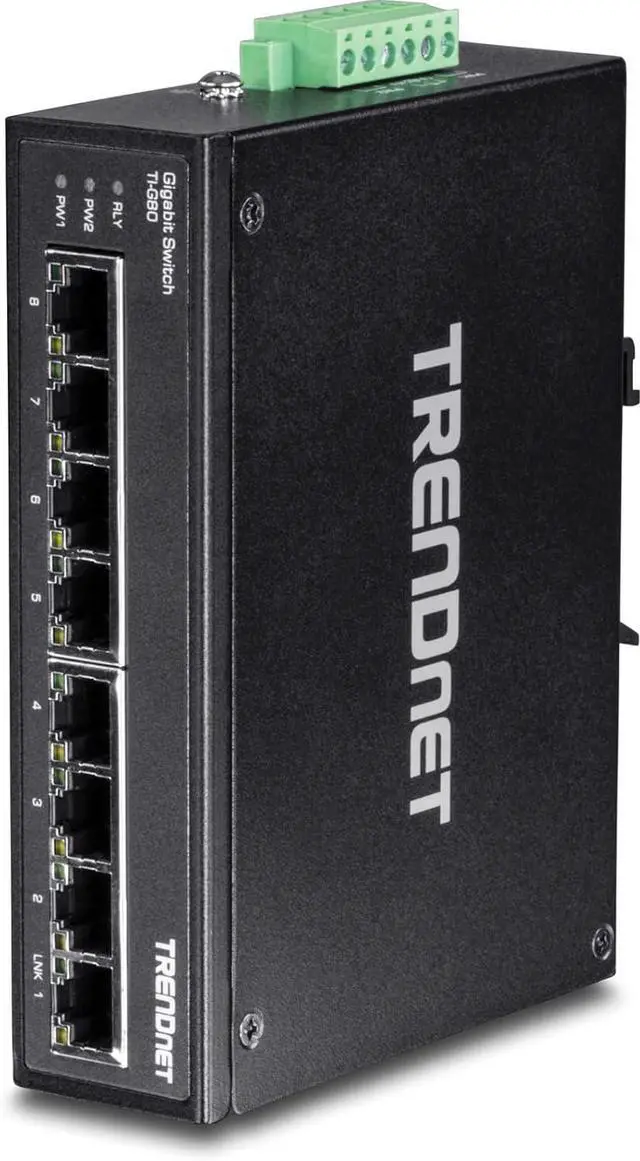 Main image of TRENDnet 8-Port Hardened Industrial Gigabit DIN-Rail Switch, 16 Gbps Switching Capacity, IP30 Rated Metal Housing (-40 to 167 ºF), DIN-Rail & Wall Mounts Included, Lifetime Protection, Black, TI-G80