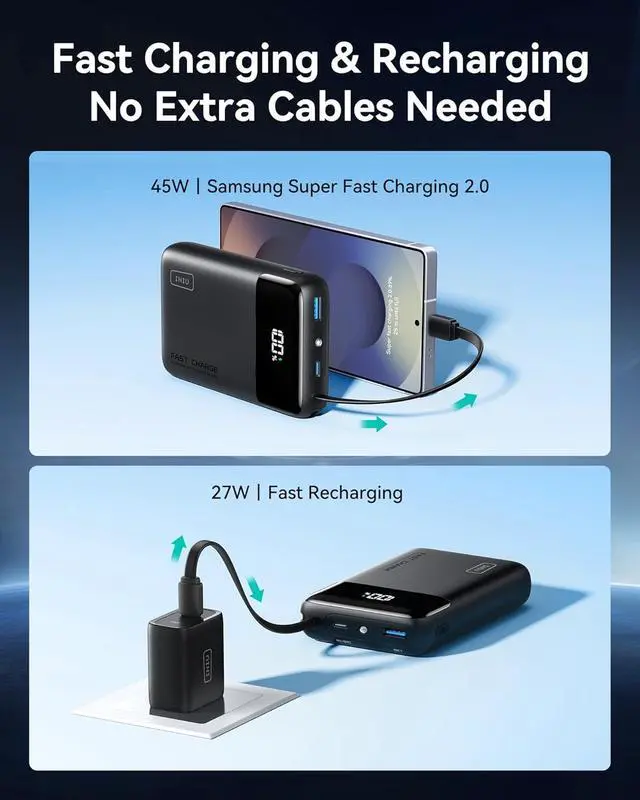 Alt view image 4 of 7 - 45W Portable Charger Smallest 20000mAh Power Bank with Build in USB-C Cable Fast Charging USB C in&Out Battery Pack Travel Phone Charger for iPhone 16 15  S25 S24 Google iPad etc