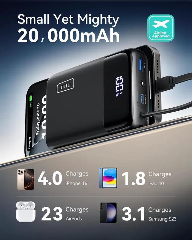 Alt view image 5 of 7 - 45W Portable Charger Smallest 20000mAh Power Bank with Build in USB-C Cable Fast Charging USB C in&Out Battery Pack Travel Phone Charger for iPhone 16 15  S25 S24 Google iPad etc
