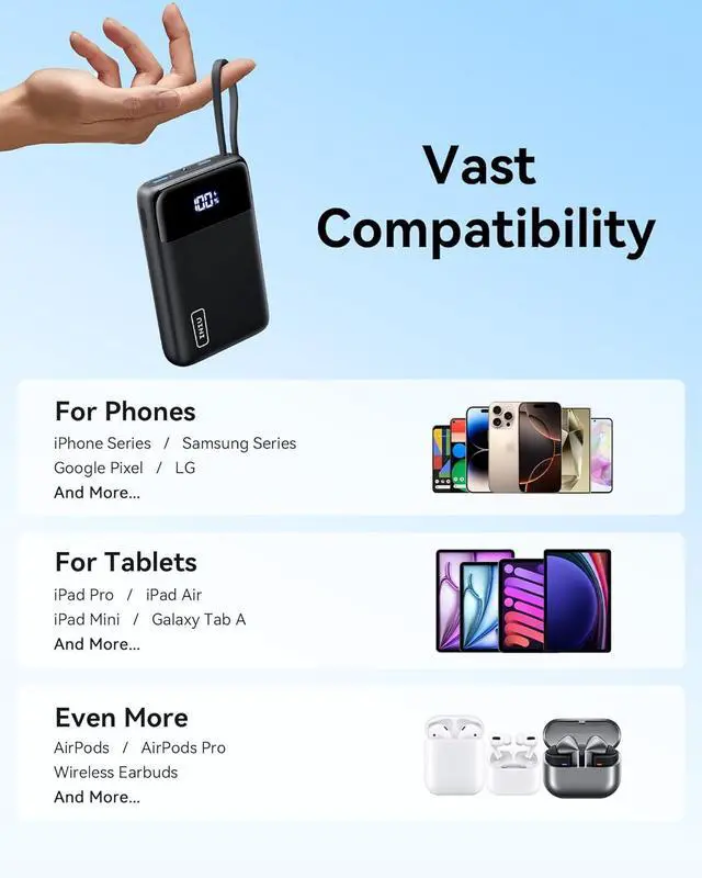 Alt view image 7 of 7 - 45W Portable Charger Smallest 20000mAh Power Bank with Build in USB-C Cable Fast Charging USB C in&Out Battery Pack Travel Phone Charger for iPhone 16 15  S25 S24 Google iPad etc