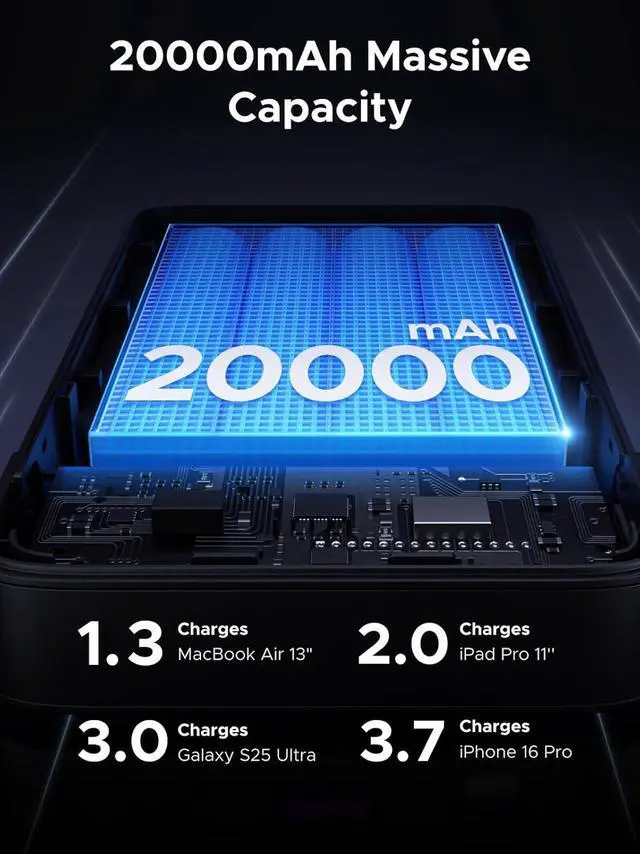 Alt view image 4 of 7 - 20000mAh 100W Power Bank Nexode Portable Charger USB C 3-Port PD Fast Charging Battery Pack Digital Display for MacBook iPad iPhone 16 Galaxy S24 Ultra Steam Deck  XPS and More