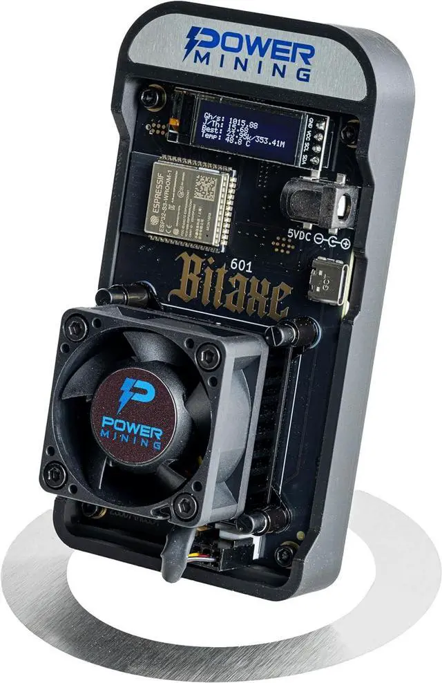 Main image of POWER MINING Bitaxe Gamma 601 ASIC Bitcoin Miner | 1.1 TH/s @ 18W | BM1370 Chip (Antminer S21 Pro) | Wi-Fi | USB-C | AxeOS | Open Source | Made in Europe | Incl. Power Supply & Stand