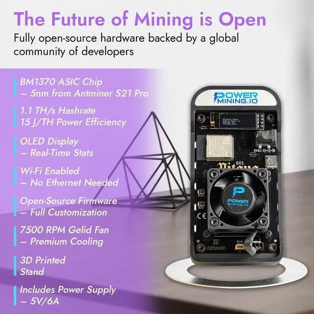 Alt view image 3 of 7 - POWER MINING Bitaxe Gamma 601 ASIC Bitcoin Miner | 1.1 TH/s @ 18W | BM1370 Chip (Antminer S21 Pro) | Wi-Fi | USB-C | AxeOS | Open Source | Made in Europe | Incl. Power Supply & Stand