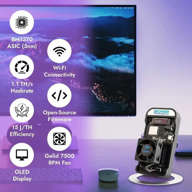 Alt view image 7 of 7 - POWER MINING Bitaxe Gamma 601 ASIC Bitcoin Miner | 1.1 TH/s @ 18W | BM1370 Chip (Antminer S21 Pro) | Wi-Fi | USB-C | AxeOS | Open Source | Made in Europe | Incl. Power Supply & Stand