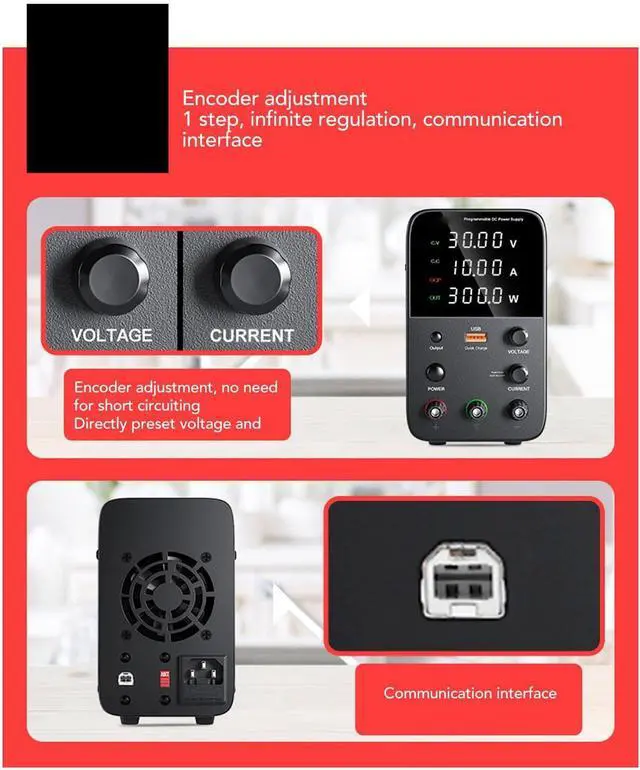 Alt view image 5 of 7 - DC Power Supply, USB Charging Interface WPS3010H Variable DC Power Supply 0-30V 0-10A 300W Integrated Temperature Control Fan for Home Appliances (US Plug AC115V)
