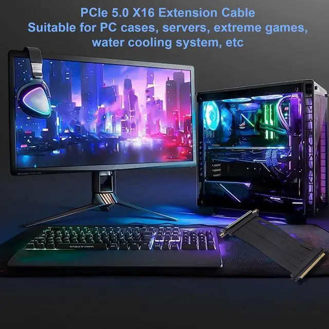 Alt view image 3 of 7 - PCIe 5.0 X16 Riser Cable, 90° Right Angle GPU Extension, 128Gbps High Speed (20cm), Backward Compatible with RTX 4090, PCIe 4.0, Black