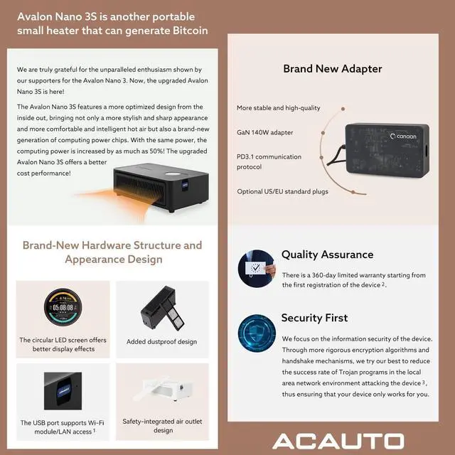 Alt view image 3 of 5 - New Canaan Avalon Nano 3S BTC Miner - 6 TH/s 140W Bitcoin ASIC Miner - Quiet with Canaan Original Power Supply - Supports Solo Mining & Stake Pool for Office and Home Use(Black)
