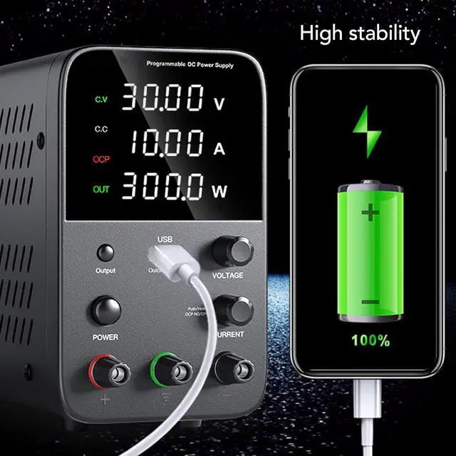 Alt view image 3 of 7 - DC Power Supply, USB Charging Interface WPS3010H Variable DC Power Supply 0-30V 0-10A 300W Integrated Temperature Control Fan for Home Appliances (US Plug AC115V)