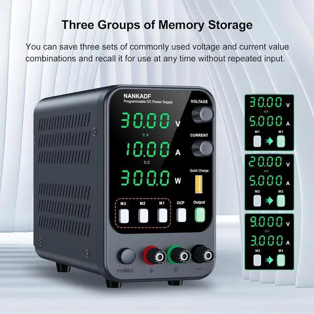 Alt view image 3 of 7 - DC Power Supply, 30V 10A Bench Power Supply with Memory Storage & RecallVariable Power Suppy with Encoder Adjustment Knob, 5V/3.6A USB Quick-Charge & OCP Short Circuit Alarm (0-30v 0-10a)