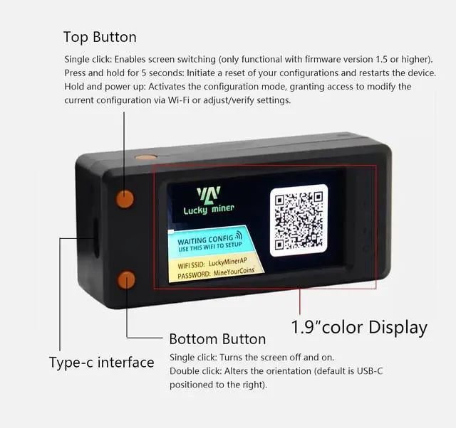 Alt view image 3 of 6 - Lucky Miner LV02 Solo Bitcoin Miner, 78KH/S, 1W Power, LCD Display, 4.8 cm Mini Screen, Type-C USB, Black