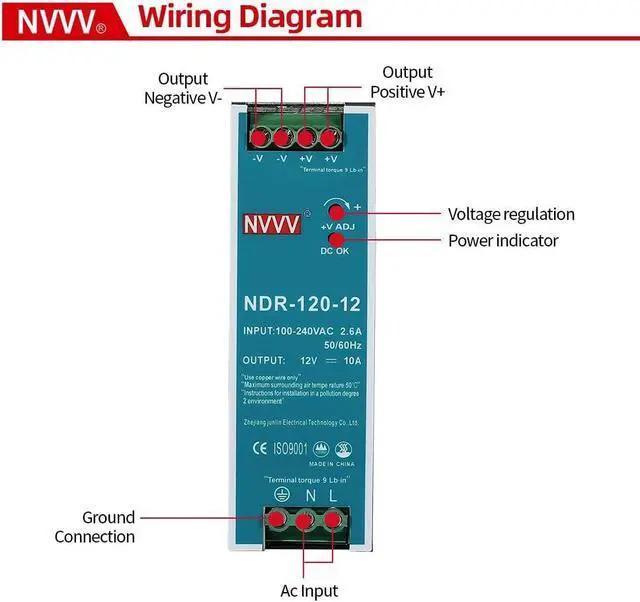 Alt view image 5 of 7 - 12Vdc 10Amp DIN-Rail Power Supply NDR 120W, Input:100-240VAC,Output:12VDC,Power Supply Switch Switching Converter DC