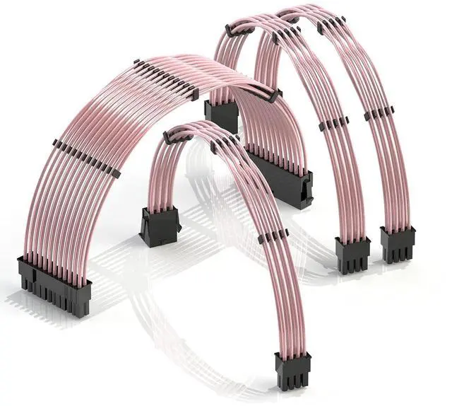Main image of LINKUP - 30cm PSU Cable Extension 18AWG Oxygen Free Copper (OFC) Teflon Jacket Custom Mod GPU PC w/Comb Kit | 1 x 24 P (20+4) | 1 x 8 P (4+4) CPU | 2 x 8 P (6+2) GPU Set | 300mm - Pink