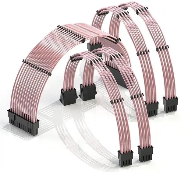 Main image of LINKUP - 30cm PSU Cable Extension 18AWG Oxygen Free Copper (OFC) Teflon Jacket Custom Mod GPU PC w/Comb Kit | 1 x 24 P (20+4) | 2 x 8 P (4+4) CPU | 2 x 8 P (6+2) GPU Set | 300mm - Pink