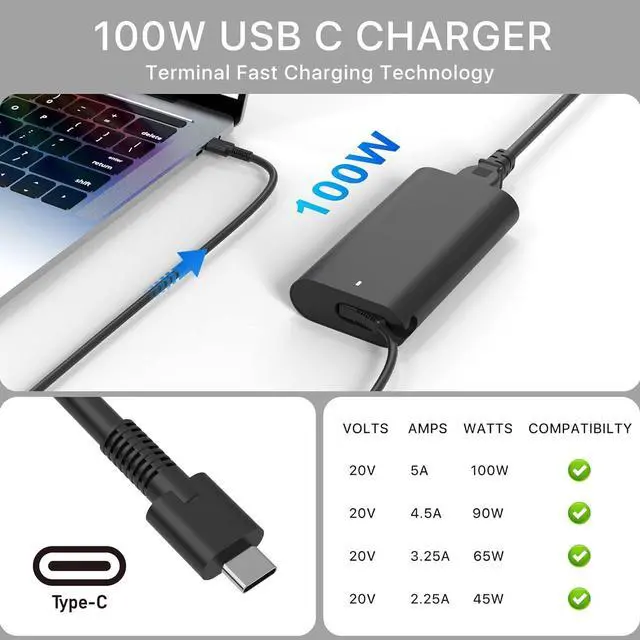 Alt view image 2 of 7 - 100W Laptop Charger Compatible for Dell XPS 14 9440 XPS 13 9365 9360 9370 Precision 5680 3580 3581 Latitude 5340 7640 7340 5440 5540 5420 Inspiron 14 16 5445 Plus 7430 7440 2in1