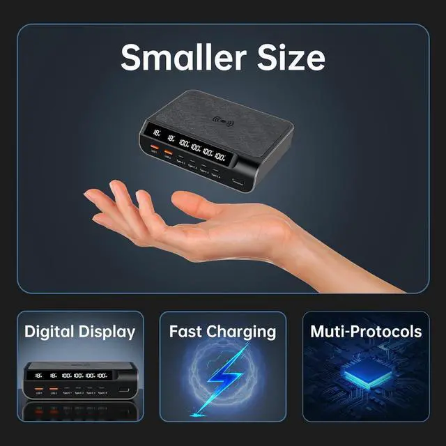 Alt view image 5 of 7 - Compact 240W USB C Charger - GaN 6 Ports with Digital Display Screen for Phones, Tablets, Laptops (Champagne Gold)