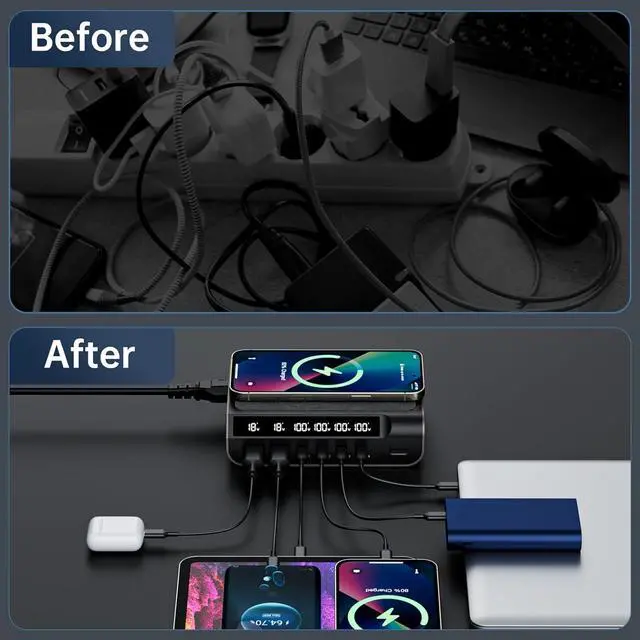 Alt view image 6 of 7 - Compact 240W USB C Charger - GaN 6 Ports with Digital Display Screen for Phones, Tablets, Laptops (Champagne Gold)