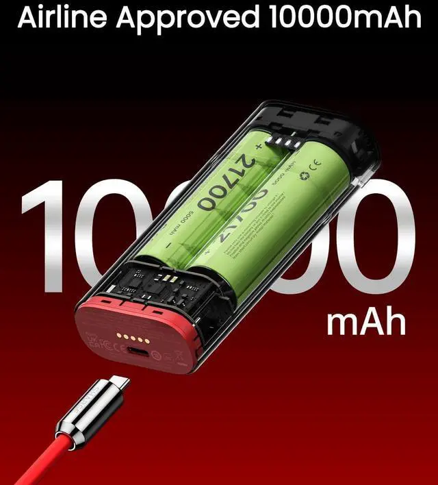 Alt view image 5 of 7 - 3 in 1 Power Bank PD 40W Fast Charging 10000mAh Portable Charger with Red Cable SUPERVOOC 55W 36Wh Battery Pack for iPhone 16/ OnePlus 12/11/Open/Nord Series