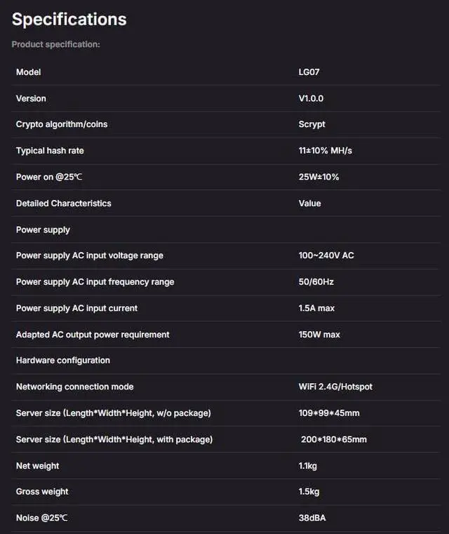 Alt view image 2 of 2 - New Lucky Miner LG07 ASIC Miner Crypto Machine for Litecoin & Dogecoin - 11MH/s Scrypt Algorithm, Low Power 12W, Quiet 25dB, 2.4GHz WiFi, Built-in PSU, Home Mining Rig