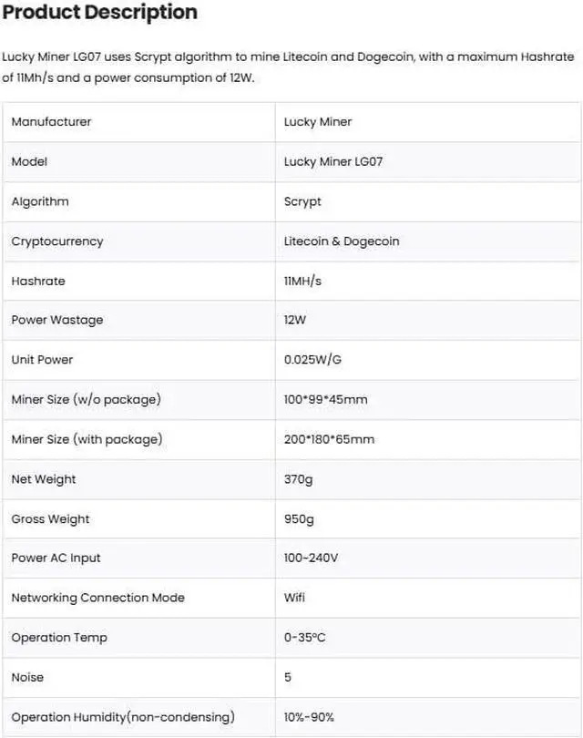Alt view image 2 of 2 - New Lucky Miner LG07 Litecoin & Dogecoin Miner - 11MH/s Scrypt Algorithm Asic Miner, Quiet 25dB, Low Power 12W, 2.4GHz WiFi Crypto Machine, Built-in PSU, Efficient Crypto Mining Machine for Home Use