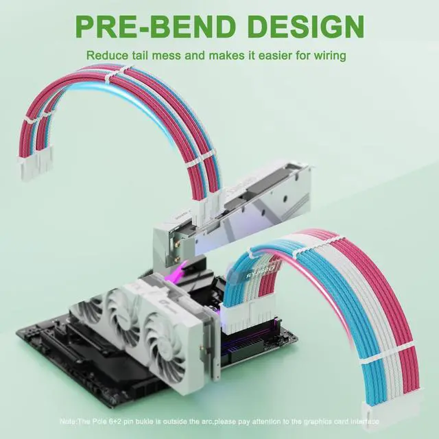 Alt view image 2 of 7 - Sirlyr PSU Cable Extension,Customed Pre-Bend PC Power Supply Cable,1x 24 Pin ATX / 2X 8 (4+4) Pin EPS/Longer 3X 8 (6+2) Gold-Plated Pin Pcie,Nylon Sleeved Pink Blue White,6 Kits