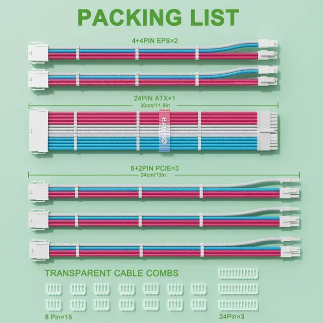 Alt view image 4 of 7 - Sirlyr PSU Cable Extension,Customed Pre-Bend PC Power Supply Cable,1x 24 Pin ATX / 2X 8 (4+4) Pin EPS/Longer 3X 8 (6+2) Gold-Plated Pin Pcie,Nylon Sleeved Pink Blue White,6 Kits