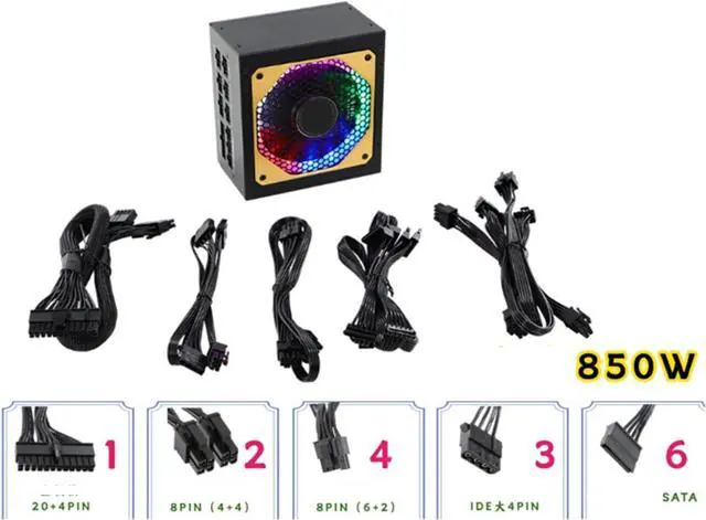 Alt view image 6 of 7 - EINCORN 850W Full Modularity LED 20+4Pin Professional Video Game Computer PC Power Supply Low Noise Cooling Fan for Electronic S
