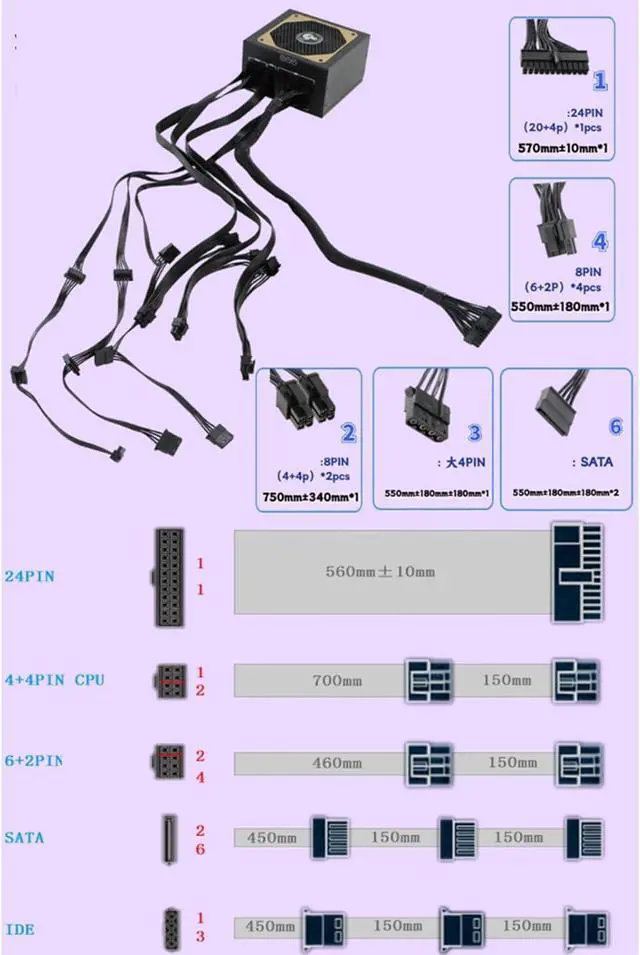 Alt view image 3 of 7 - EINCORN 850W Full Modularity LED 20+4Pin Professional Video Game Computer PC Power Supply Low Noise Cooling Fan for Electronic S