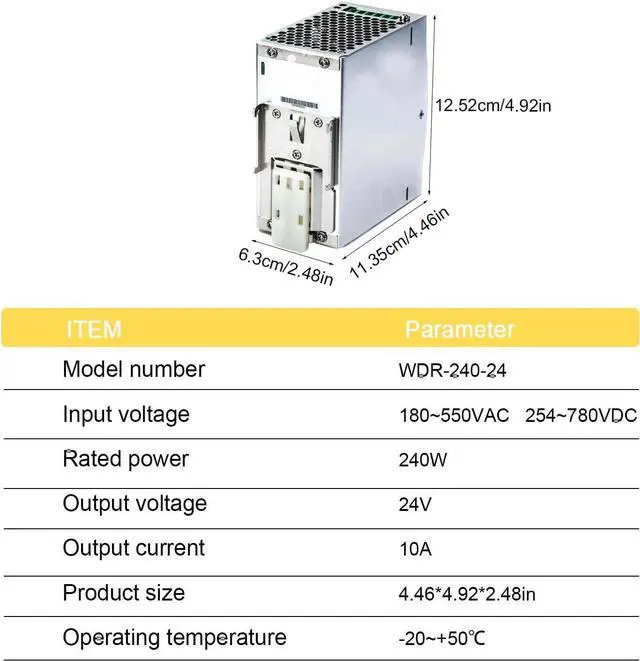 Alt view image 5 of 7 - Mean Well WDR-240-24 240W 24V 10A DIN Rail Power Supply - 91% High Efficiency, Active PFC, Compact Design for Light Load Industrial Control and Automation - 180-550VAC Input, Reliable