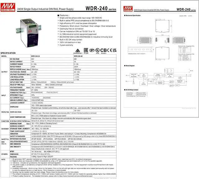 Alt view image 6 of 7 - Mean Well WDR-240-24 240W 24V 10A DIN Rail Power Supply - 91% High Efficiency, Active PFC, Compact Design for Light Load Industrial Control and Automation - 180-550VAC Input, Reliable
