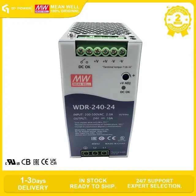 Alt view image 7 of 7 - Mean Well WDR-240-24 240W 24V 10A DIN Rail Power Supply - 91% High Efficiency, Active PFC, Compact Design for Light Load Industrial Control and Automation - 180-550VAC Input, Reliable