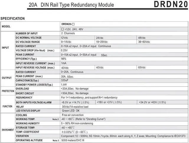 Alt view image 3 of 6 - DRDN20-12 12V DC 20A DIN Rail Type Redundancy Module