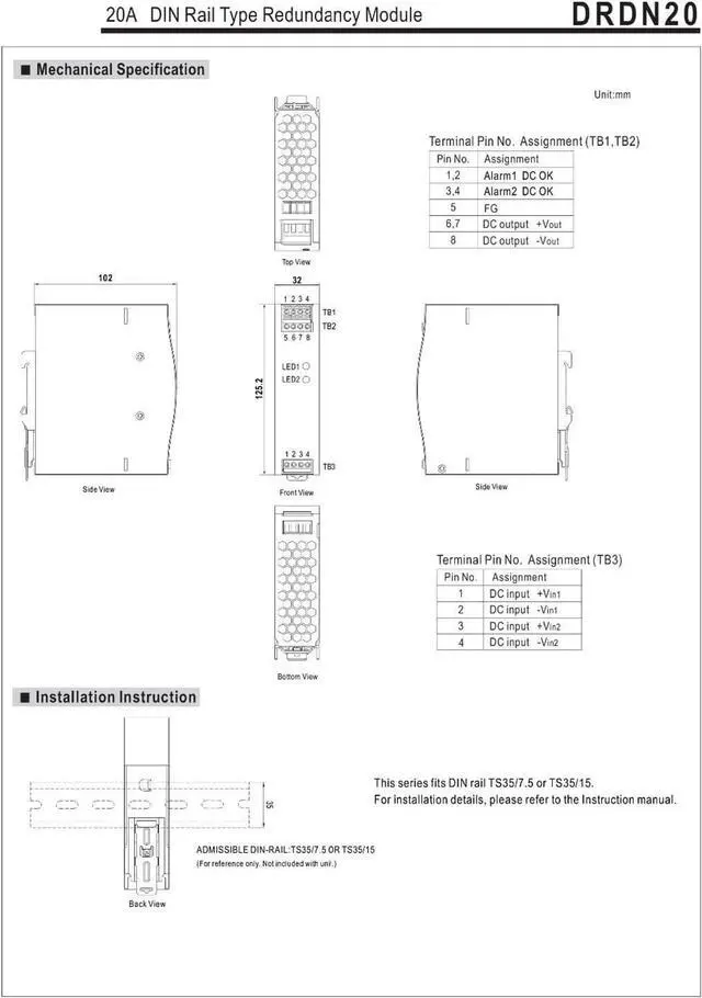 Alt view image 6 of 6 - DRDN20-24 24V DC 20A DIN Rail Type Redundancy Module