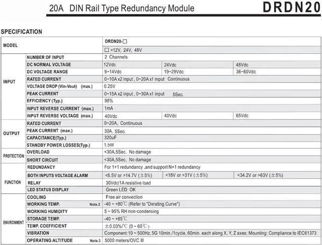 Alt view image 3 of 6 - DRDN20-24 24V DC 20A DIN Rail Type Redundancy Module