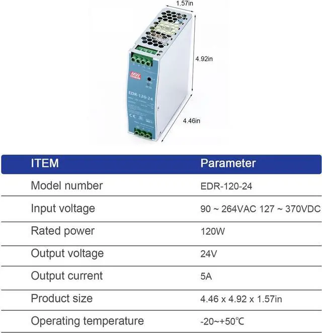 Alt view image 2 of 5 - Generic FerroFab EDR-120-24 High-Performance 120W 24V 5A Industrial DIN Rail Power Supply, UL/TUV Certified for Demanding Applications