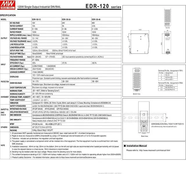 Alt view image 3 of 5 - Generic FerroFab EDR-120-24 High-Performance 120W 24V 5A Industrial DIN Rail Power Supply, UL/TUV Certified for Demanding Applications