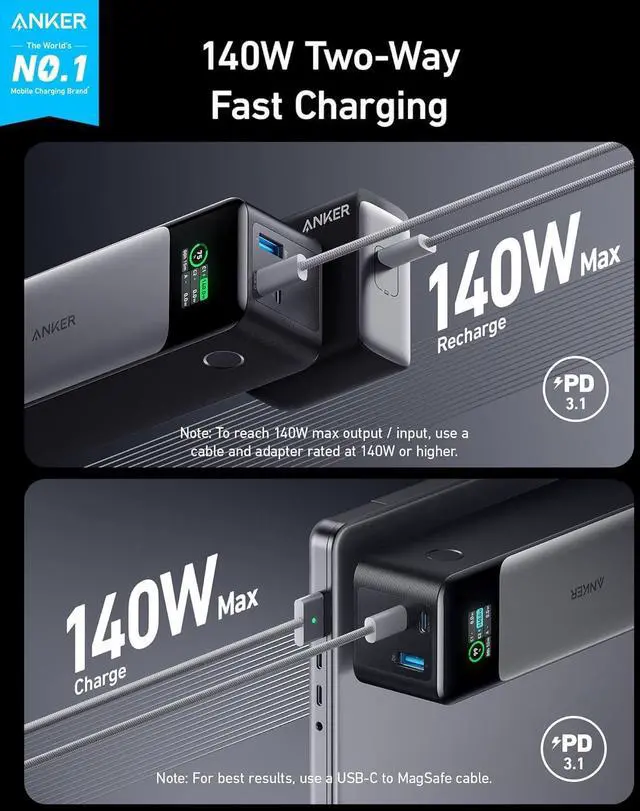 Alt view image 3 of 7 - Anker Power Bank, 24,000 mAh 3-Port Portable Charger with 140W Output, Smart Digital Display, Compatible with iPhone 15/15 Plus/15 Pro/15 Pro Max, iPhone 14/13 Series, Samsung, MacBook, Dell, AirPods