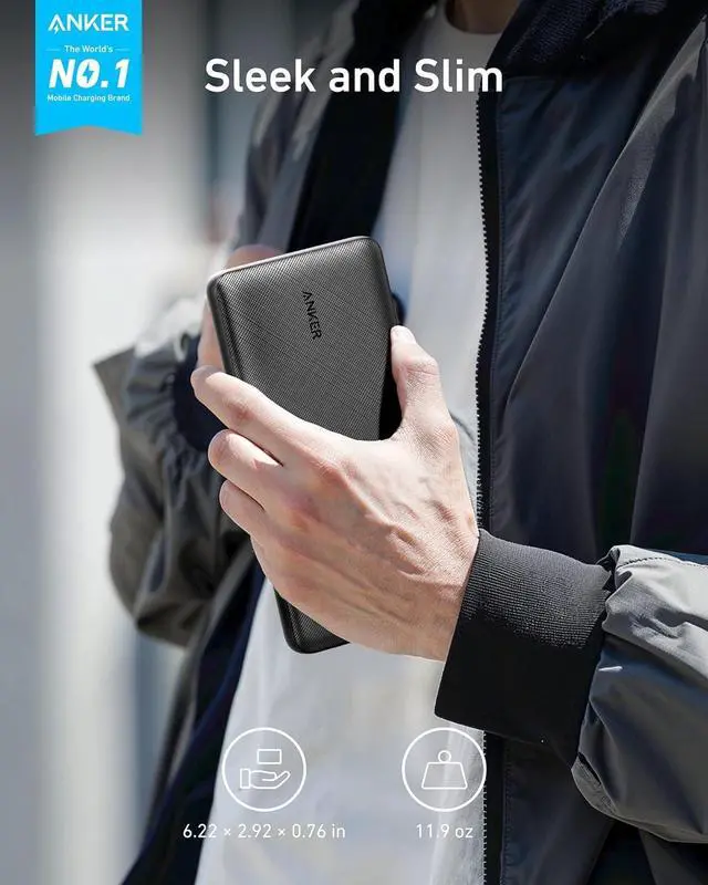 Alt view image 2 of 7 - Portable Charger 325 Power Bank (PowerCore Essential 20K) 20K Battery Pack with 15W Charging PowerIQ 2 USB-A 1 Micro USB Two-Way USB-C Ports for iPhone Series AirPods and More (Black)