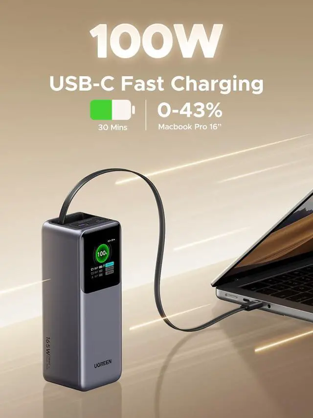 Alt view image 5 of 7 - UGREEN 20,000mAh Laptop Power Bank for MacBook, Built-in and 100W Retractable Cables, 165W Portable Charger for Multi-Device Charging, Smart Digital Display, for iPhone 16/15 Series, Samsung, and More