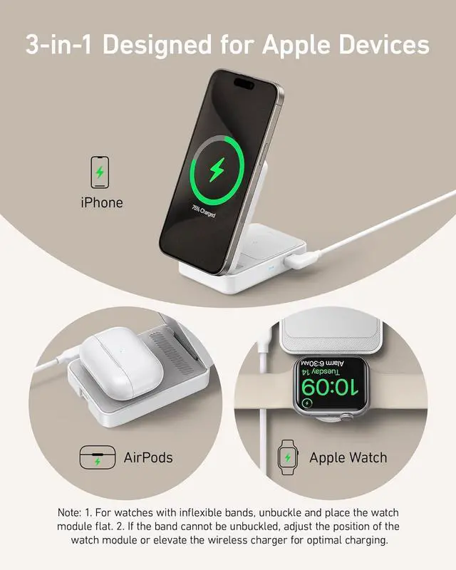 Alt view image 6 of 6 - Anker MagGo 3-in-1 iPhone 16 Charging Station, MagSafe-Compatible Wireless Charger Stand, Qi2 Certified 15W Foldable Charger for iPhone 15/14, AirPods, Apple Watch 9 (40W USB-C Charger Included)