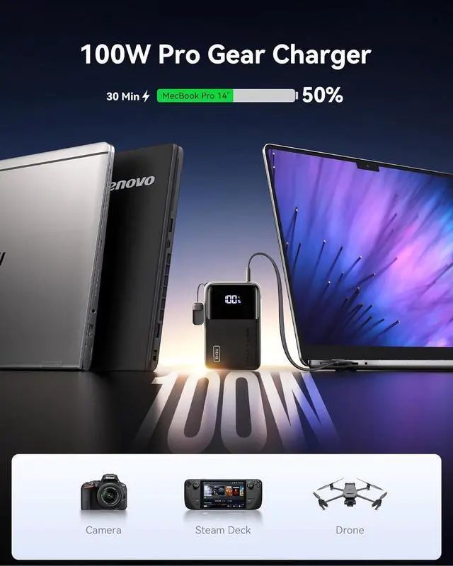 Alt view image 2 of 7 - INIU Power Bank, 100W 25000mAh PD Fast Charging Laptop Portable Charger, Ultra Compact Ultimate USB C Battery Bank with 3-Output for MacBook iPhone 16 15 14 Samsung S23 S22 Google iPad Tablet